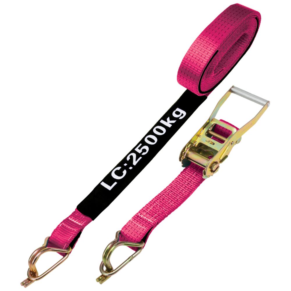 Pink Ratchet Tie Down 50mmx9M 2.5T Captive J-Hook — Height Safety | GRS Safety Perth