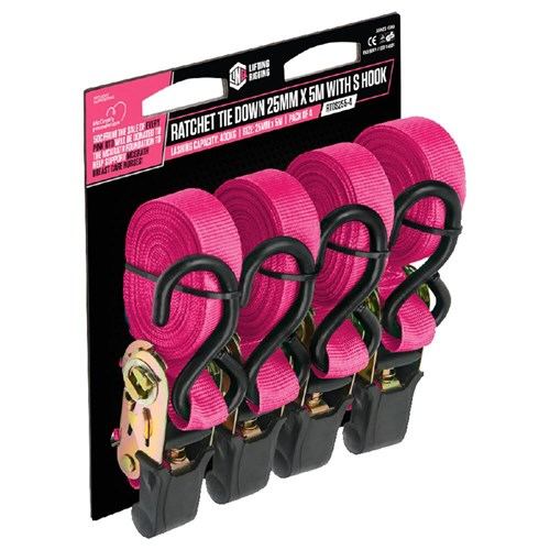 Pink Ratchet Tie down 25Mm X 5M With S Hook - 4 Pack — Height Safety | GRS Safety Perth